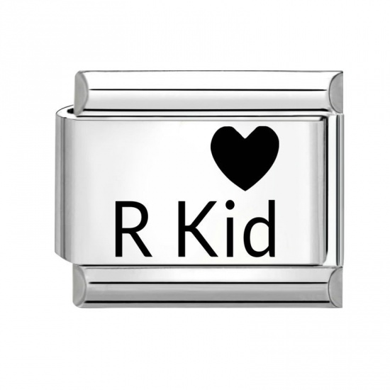 Picture of 1 Piece 304 Stainless Steel Italian Charm Links For DIY Bracelet Jewelry Making Wholesale Silver Tone Black Rectangle Heart Message " R Kid " 10mm x 9mm