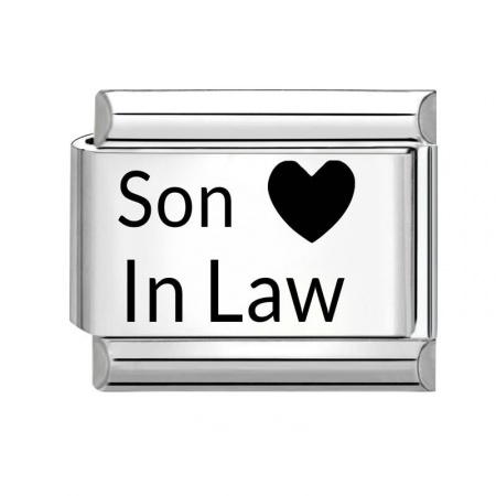 Picture of 1 Piece 304 Stainless Steel Italian Charm Links For DIY Bracelet Jewelry Making Wholesale Silver Tone Black Rectangle Heart Message " Son In Law " 10mm x 9mm