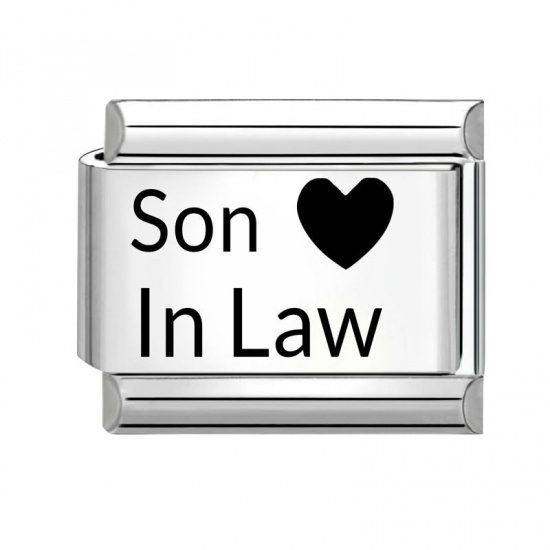 Picture of 1 Piece 304 Stainless Steel Italian Charm Links For DIY Bracelet Jewelry Making Wholesale Silver Tone Black Rectangle Heart Message " Son In Law " 10mm x 9mm