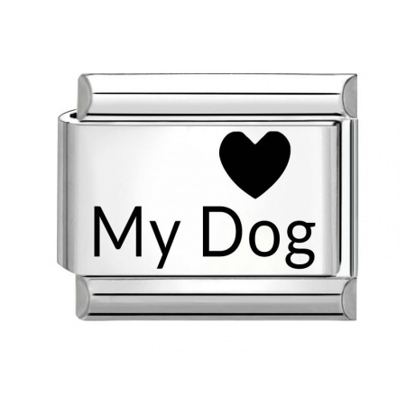Picture of 1 Piece 304 Stainless Steel Italian Charm Links For DIY Bracelet Jewelry Making Wholesale Silver Tone Black Rectangle Heart Message " My Dog " 10mm x 9mm