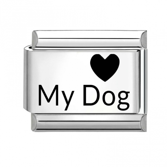 Picture of 1 Piece 304 Stainless Steel Italian Charm Links For DIY Bracelet Jewelry Making Wholesale Silver Tone Black Rectangle Heart Message " My Dog " 10mm x 9mm