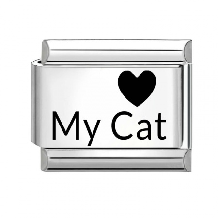 Picture of 1 Piece 304 Stainless Steel Italian Charm Links For DIY Bracelet Jewelry Making Wholesale Silver Tone Black Rectangle Heart Message " My Cat " 10mm x 9mm