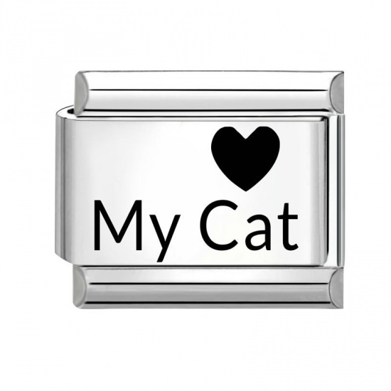 Picture of 1 Piece 304 Stainless Steel Italian Charm Links For DIY Bracelet Jewelry Making Wholesale Silver Tone Black Rectangle Heart Message " My Cat " 10mm x 9mm
