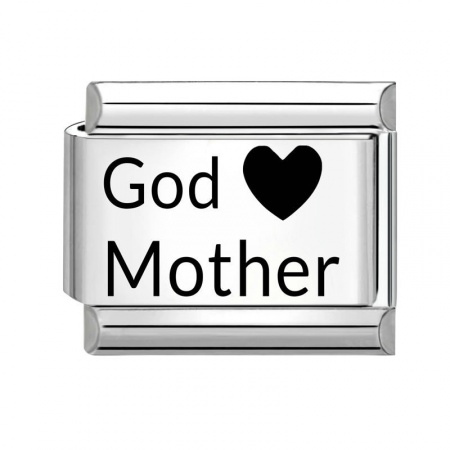 Picture of 1 Piece 304 Stainless Steel Italian Charm Links For DIY Bracelet Jewelry Making Wholesale Silver Tone Black Rectangle Heart Message " God Mother " 10mm x 9mm