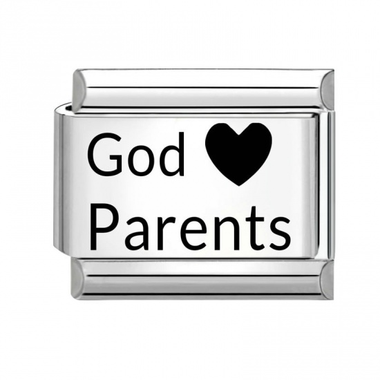 Picture of 1 Piece 304 Stainless Steel Italian Charm Links For DIY Bracelet Jewelry Making Wholesale Silver Tone Black Rectangle Heart Message " God Parents " 10mm x 9mm