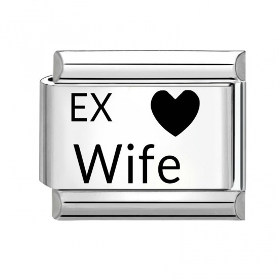 Picture of 1 Piece 304 Stainless Steel Italian Charm Links For DIY Bracelet Jewelry Making Wholesale Silver Tone Black Rectangle Heart Message " Ex Wife " 10mm x 9mm