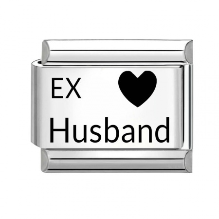 Picture of 1 Piece 304 Stainless Steel Italian Charm Links For DIY Bracelet Jewelry Making Wholesale Silver Tone Black Rectangle Heart Message " Ex Husband " 10mm x 9mm