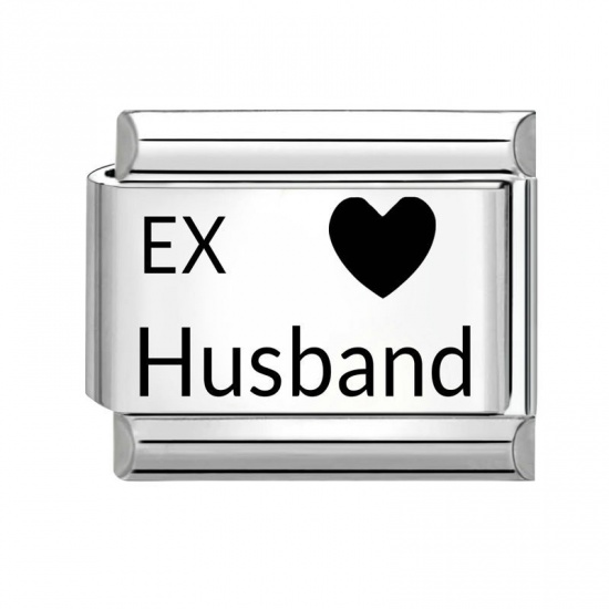 Picture of 1 Piece 304 Stainless Steel Italian Charm Links For DIY Bracelet Jewelry Making Wholesale Silver Tone Black Rectangle Heart Message " Ex Husband " 10mm x 9mm