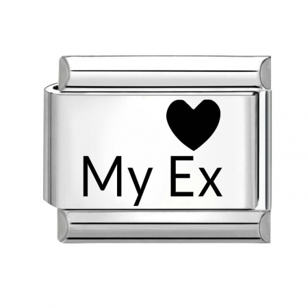 Picture of 1 Piece 304 Stainless Steel Italian Charm Links For DIY Bracelet Jewelry Making Wholesale Silver Tone Black Rectangle Heart Message " My EX " 10mm x 9mm