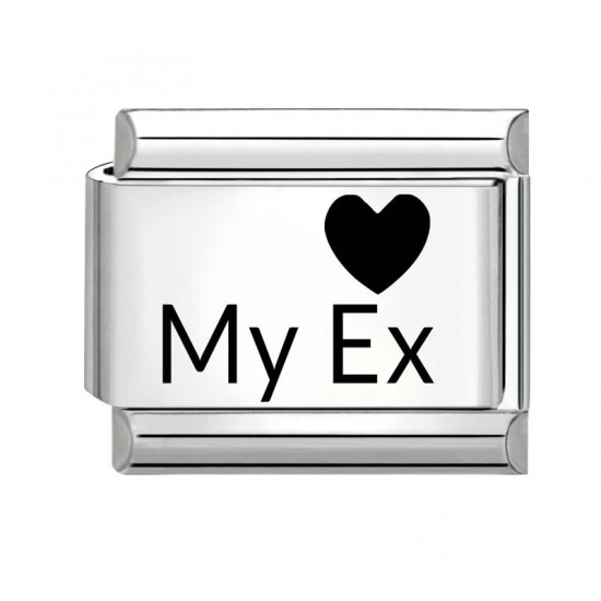 Picture of 1 Piece 304 Stainless Steel Italian Charm Links For DIY Bracelet Jewelry Making Wholesale Silver Tone Black Rectangle Heart Message " My EX " 10mm x 9mm