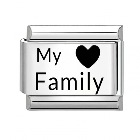Picture of 1 Piece 304 Stainless Steel Italian Charm Links For DIY Bracelet Jewelry Making Wholesale Silver Tone Black Rectangle Heart Message " My Family " 10mm x 9mm