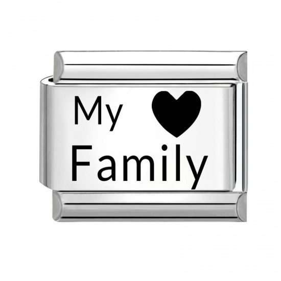 Picture of 1 Piece 304 Stainless Steel Italian Charm Links For DIY Bracelet Jewelry Making Wholesale Silver Tone Black Rectangle Heart Message " My Family " 10mm x 9mm