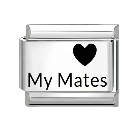 Picture of 1 Piece 304 Stainless Steel Italian Charm Links For DIY Bracelet Jewelry Making Wholesale Silver Tone Black Rectangle Heart Message " My Mates " 10mm x 9mm