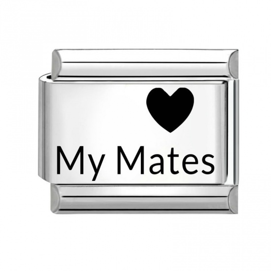 Picture of 1 Piece 304 Stainless Steel Italian Charm Links For DIY Bracelet Jewelry Making Wholesale Silver Tone Black Rectangle Heart Message " My Mates " 10mm x 9mm