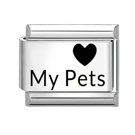 Picture of 1 Piece 304 Stainless Steel Italian Charm Links For DIY Bracelet Jewelry Making Wholesale Silver Tone Black Rectangle Heart Message " My Pets " 10mm x 9mm