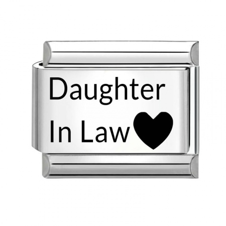 Picture of 1 Piece 304 Stainless Steel Italian Charm Links For DIY Bracelet Jewelry Making Wholesale Silver Tone Black Rectangle Heart Message " Daughter In Law " 10mm x 9mm