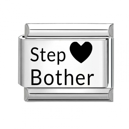 Picture of 1 Piece 304 Stainless Steel Italian Charm Links For DIY Bracelet Jewelry Making Wholesale Silver Tone Black Rectangle Heart Message " Step Brother " 10mm x 9mm