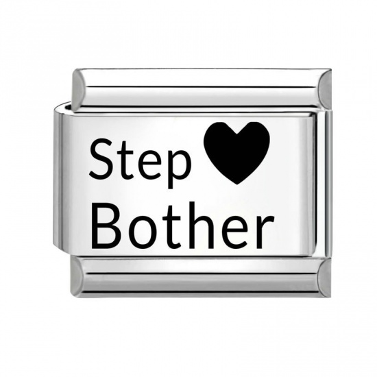 Picture of 1 Piece 304 Stainless Steel Italian Charm Links For DIY Bracelet Jewelry Making Wholesale Silver Tone Black Rectangle Heart Message " Step Brother " 10mm x 9mm