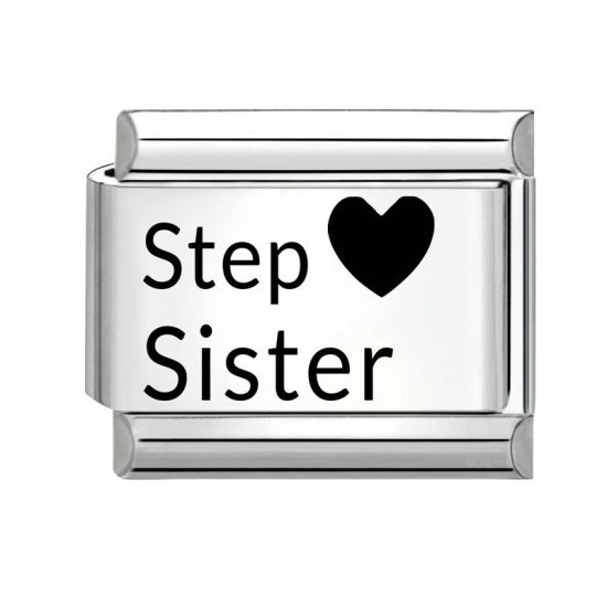 Picture of 1 Piece 304 Stainless Steel Italian Charm Links For DIY Bracelet Jewelry Making Wholesale Silver Tone Black Rectangle Heart Message " Step Sister " 10mm x 9mm