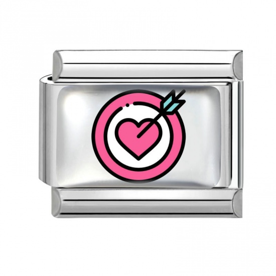 Picture of 1 Piece 304 Stainless Steel Valentine's Day Italian Charm Links For DIY Bracelet Jewelry Making Wholesale Silver Tone Pink Rectangle Heart 10mm x 9mm