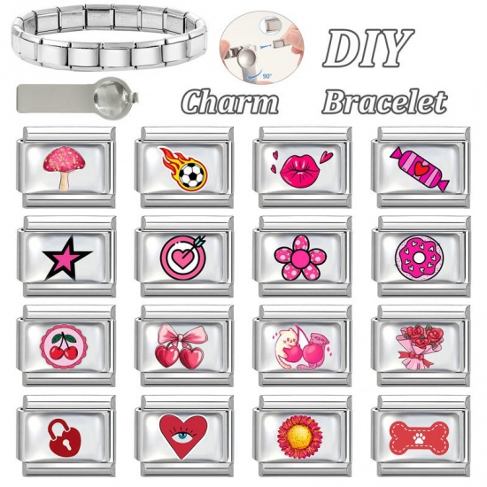 Picture of 1 Piece 304 Stainless Steel Valentine's Day Italian Charm Links For DIY Bracelet Jewelry Making Wholesale Silver Tone Pink Rectangle Heart 10mm x 9mm
