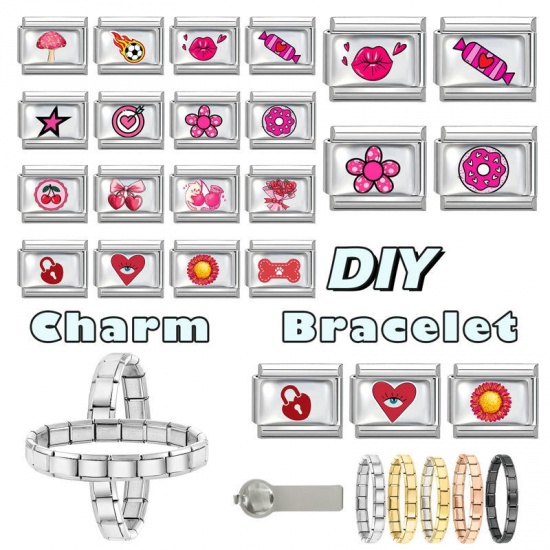 Picture of 1 Piece 304 Stainless Steel Valentine's Day Italian Charm Links For DIY Bracelet Jewelry Making Wholesale Silver Tone Pink Rectangle Heart 10mm x 9mm