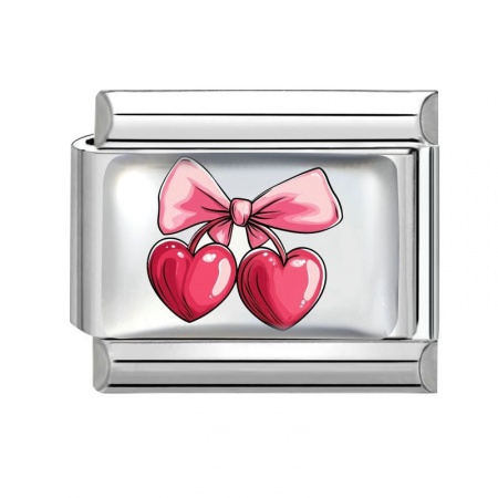 Picture of 1 Piece 304 Stainless Steel Valentine's Day Italian Charm Links For DIY Bracelet Jewelry Making Wholesale Silver Tone Pink Rectangle Cherry Fruit 10mm x 9mm
