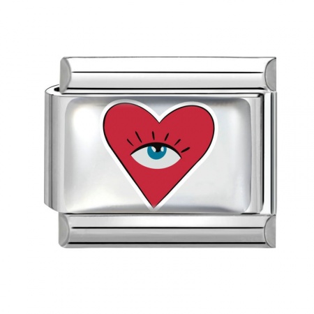 Picture of 1 Piece 304 Stainless Steel Valentine's Day Italian Charm Links For DIY Bracelet Jewelry Making Wholesale Silver Tone Red Rectangle Evil Eye 10mm x 9mm