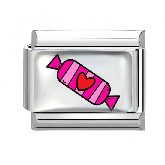 Picture of 1 Piece 304 Stainless Steel Valentine's Day Italian Charm Links For DIY Bracelet Jewelry Making Wholesale Silver Tone Fuchsia Rectangle Candy 10mm x 9mm