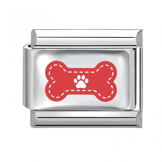 Picture of 1 Piece 304 Stainless Steel Pet Memorial Italian Charm Links For DIY Bracelet Jewelry Making Wholesale Silver Tone Red Rectangle Bone 10mm x 9mm