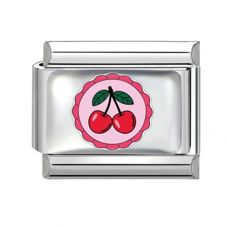 Picture of 1 Piece 304 Stainless Steel Valentine's Day Italian Charm Links For DIY Bracelet Jewelry Making Wholesale Silver Tone Pink Rectangle Cherry Fruit 10mm x 9mm