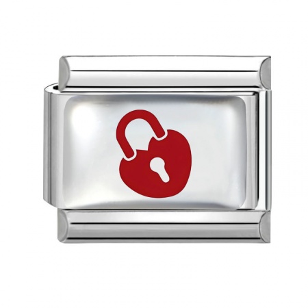 Picture of 1 Piece 304 Stainless Steel Valentine's Day Italian Charm Links For DIY Bracelet Jewelry Making Wholesale Silver Tone Red Rectangle Lock 10mm x 9mm