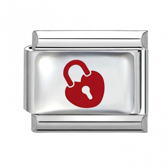 Picture of 1 Piece 304 Stainless Steel Valentine's Day Italian Charm Links For DIY Bracelet Jewelry Making Wholesale Silver Tone Red Rectangle Lock 10mm x 9mm