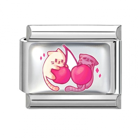 Picture of 1 Piece 304 Stainless Steel Valentine's Day Italian Charm Links For DIY Bracelet Jewelry Making Wholesale Silver Tone Fuchsia Rectangle Cat 10mm x 9mm