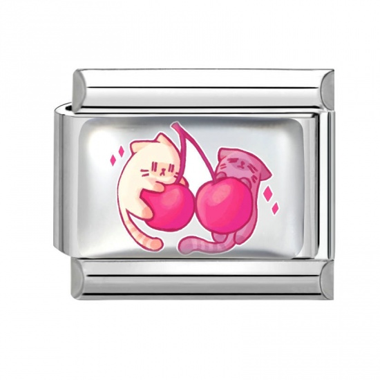 Picture of 1 Piece 304 Stainless Steel Valentine's Day Italian Charm Links For DIY Bracelet Jewelry Making Wholesale Silver Tone Fuchsia Rectangle Cat 10mm x 9mm