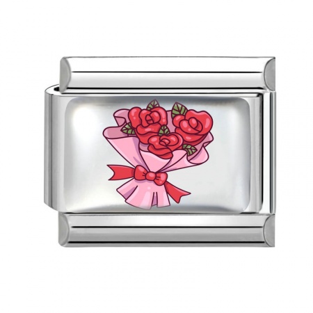 Picture of 1 Piece 304 Stainless Steel Valentine's Day Italian Charm Links For DIY Bracelet Jewelry Making Wholesale Silver Tone Red Rectangle Flower 10mm x 9mm