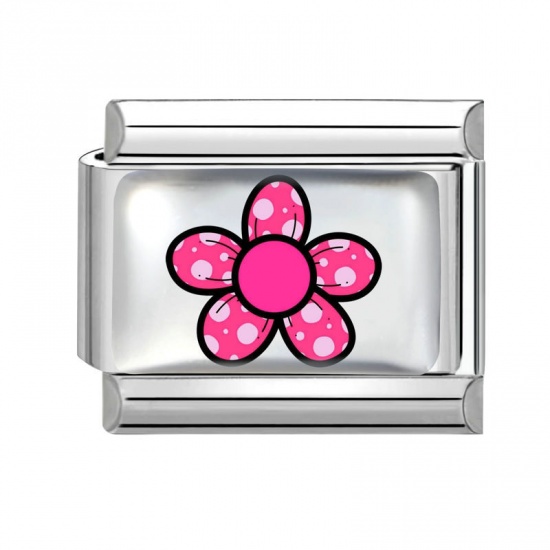 Picture of 1 Piece 304 Stainless Steel Italian Charm Links For DIY Bracelet Jewelry Making Wholesale Silver Tone Fuchsia Rectangle Flower 10mm x 9mm