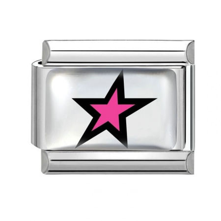 Picture of 1 Piece 304 Stainless Steel Italian Charm Links For DIY Bracelet Jewelry Making Wholesale Silver Tone Fuchsia Rectangle Pentagram Star 10mm x 9mm