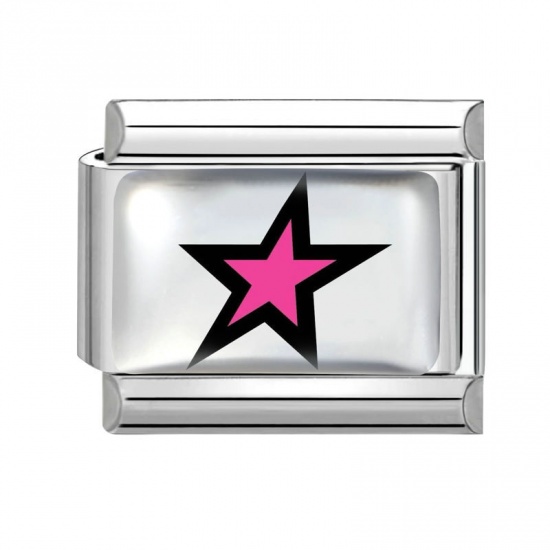 Picture of 1 Piece 304 Stainless Steel Italian Charm Links For DIY Bracelet Jewelry Making Wholesale Silver Tone Fuchsia Rectangle Pentagram Star 10mm x 9mm