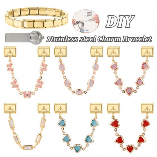 Picture of 1 Piece 304 Stainless Steel Insect Italian Charm Links For DIY Bracelet Jewelry Making Wholesale Gold Plated Rectangle Butterfly Pink Rhinestone 10mm x 9mm