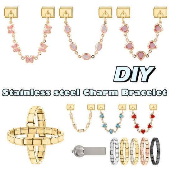Picture of 1 Piece 304 Stainless Steel Insect Italian Charm Links For DIY Bracelet Jewelry Making Wholesale Gold Plated Rectangle Butterfly Pink Rhinestone 10mm x 9mm