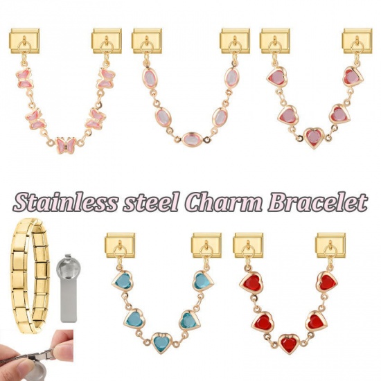 Picture of 1 Piece 304 Stainless Steel Insect Italian Charm Links For DIY Bracelet Jewelry Making Wholesale Gold Plated Rectangle Butterfly Pink Rhinestone 10mm x 9mm