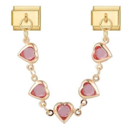 Picture of 1 Piece 304 Stainless Steel Valentine's Day Italian Charm Links For DIY Bracelet Jewelry Making Wholesale Gold Plated Rectangle Heart Pink Rhinestone 10mm x 9mm