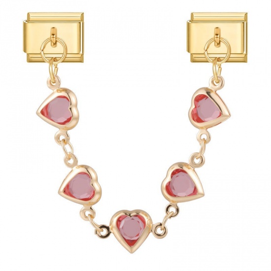 Picture of 1 Piece 304 Stainless Steel Valentine's Day Italian Charm Links For DIY Bracelet Jewelry Making Wholesale Gold Plated Rectangle Heart Pink Rhinestone 10mm x 9mm