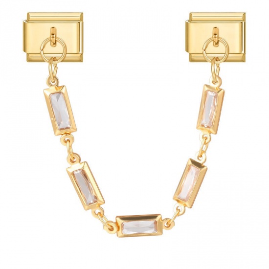 Picture of 1 Piece 304 Stainless Steel Italian Charm Links For DIY Bracelet Jewelry Making Wholesale Gold Plated Rectangle Clear Rhinestone 10mm x 9mm