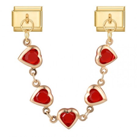 Picture of 1 Piece 304 Stainless Steel Valentine's Day Italian Charm Links For DIY Bracelet Jewelry Making Wholesale Gold Plated Rectangle Heart Red Rhinestone 10mm x 9mm