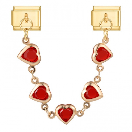 Picture of 1 Piece 304 Stainless Steel Valentine's Day Italian Charm Links For DIY Bracelet Jewelry Making Wholesale Gold Plated Rectangle Heart Red Rhinestone 10mm x 9mm