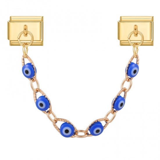 Picture of 1 Piece 304 Stainless Steel Italian Charm Links For DIY Bracelet Jewelry Making Wholesale Gold Plated Dark Blue Enamel Rectangle Evil Eye 10mm x 9mm