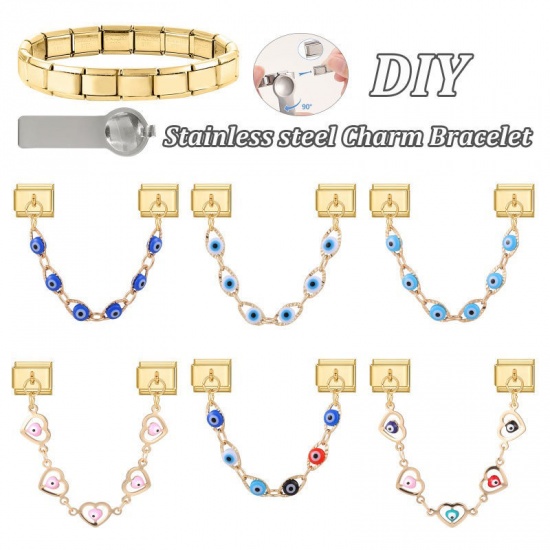 Picture of 1 Piece 304 Stainless Steel Italian Charm Links For DIY Bracelet Jewelry Making Wholesale Gold Plated Dark Blue Enamel Rectangle Evil Eye 10mm x 9mm
