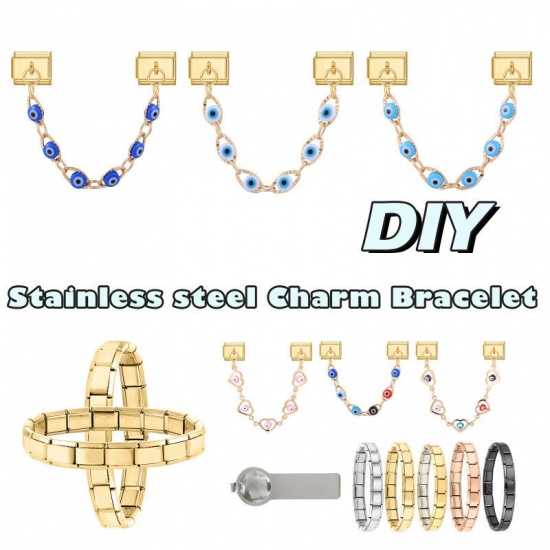 Picture of 1 Piece 304 Stainless Steel Italian Charm Links For DIY Bracelet Jewelry Making Wholesale Gold Plated Dark Blue Enamel Rectangle Evil Eye 10mm x 9mm